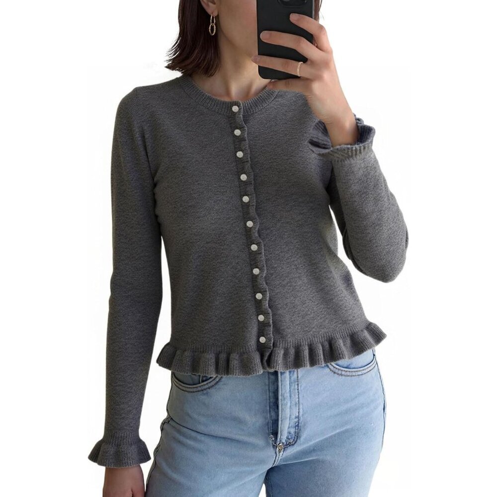 🆕Alljoin Women Dark Gray Long Sleeve Solid Cardigan Casual Crewneck Sweaters